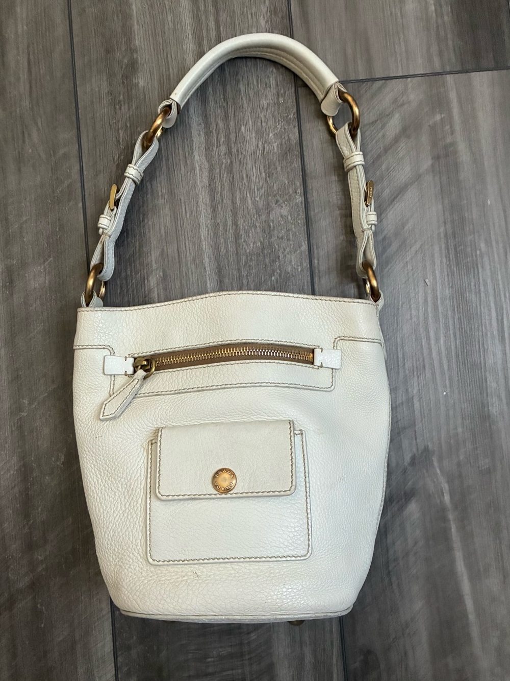 Prada Off-White Leather Shoulder Bag with Gold Hardware